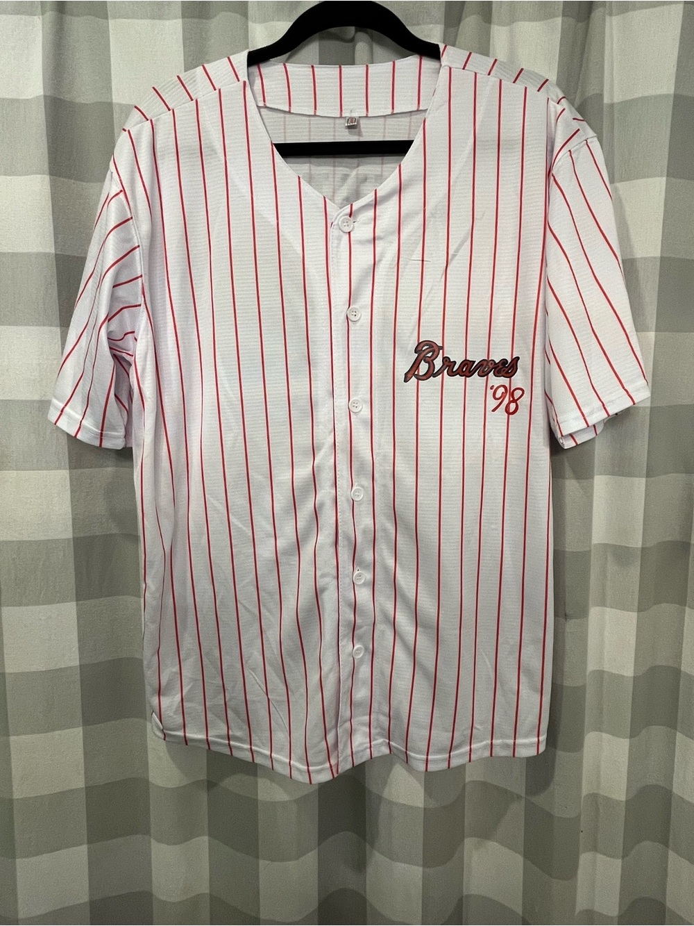 98’ Braves wallen 98White Button Baseball Jersey with Red Pinstripes
